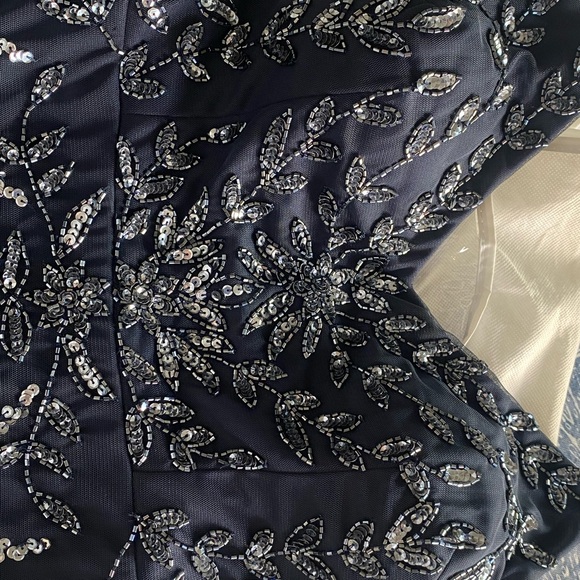 MARINA Midnight Blue Gown with Silver Beaded Leaf Design - Picture 6 of 8